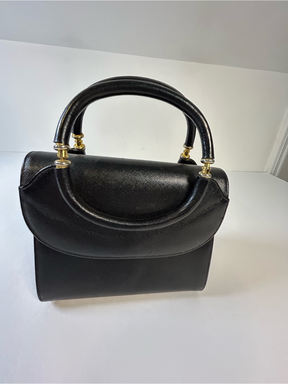Susan Gail Black Top-Handle Satchel with Gold Hardware